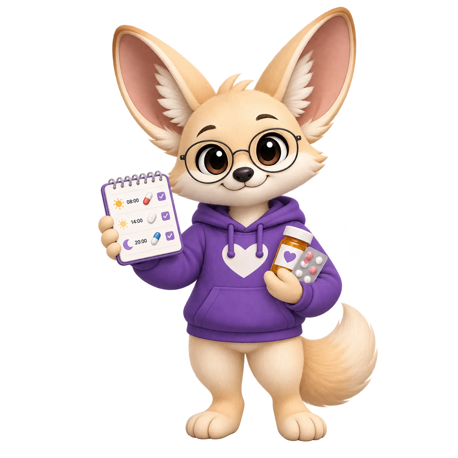 Flora the fox holding a medication schedule and bottle