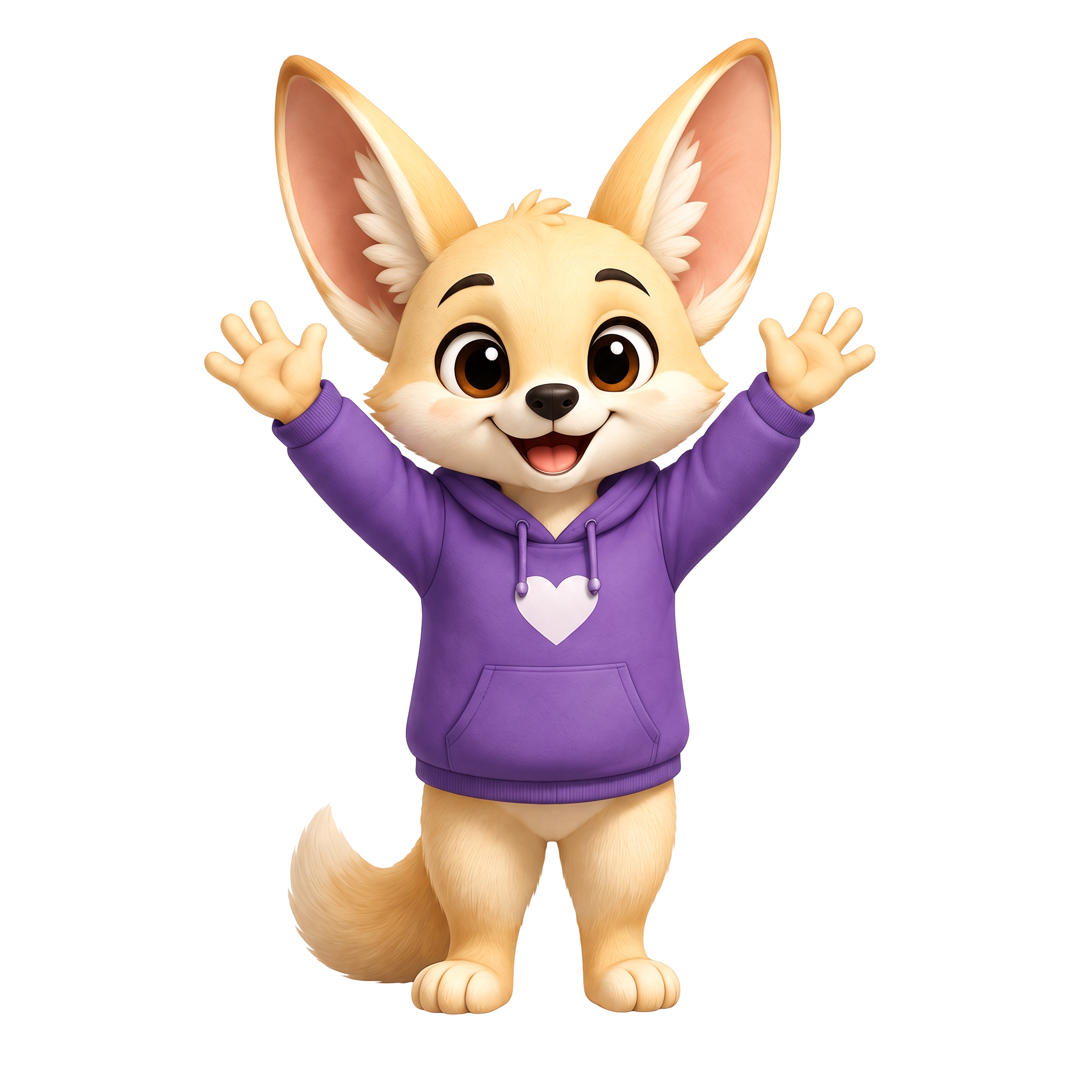 Flora the fox with arms raised in welcome