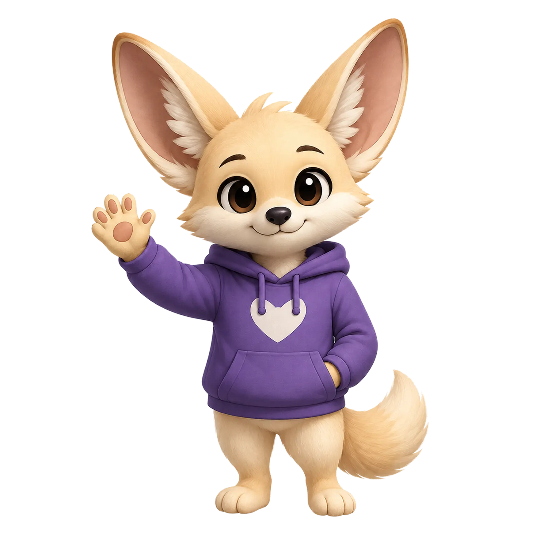 Flora the fox waving beside the app