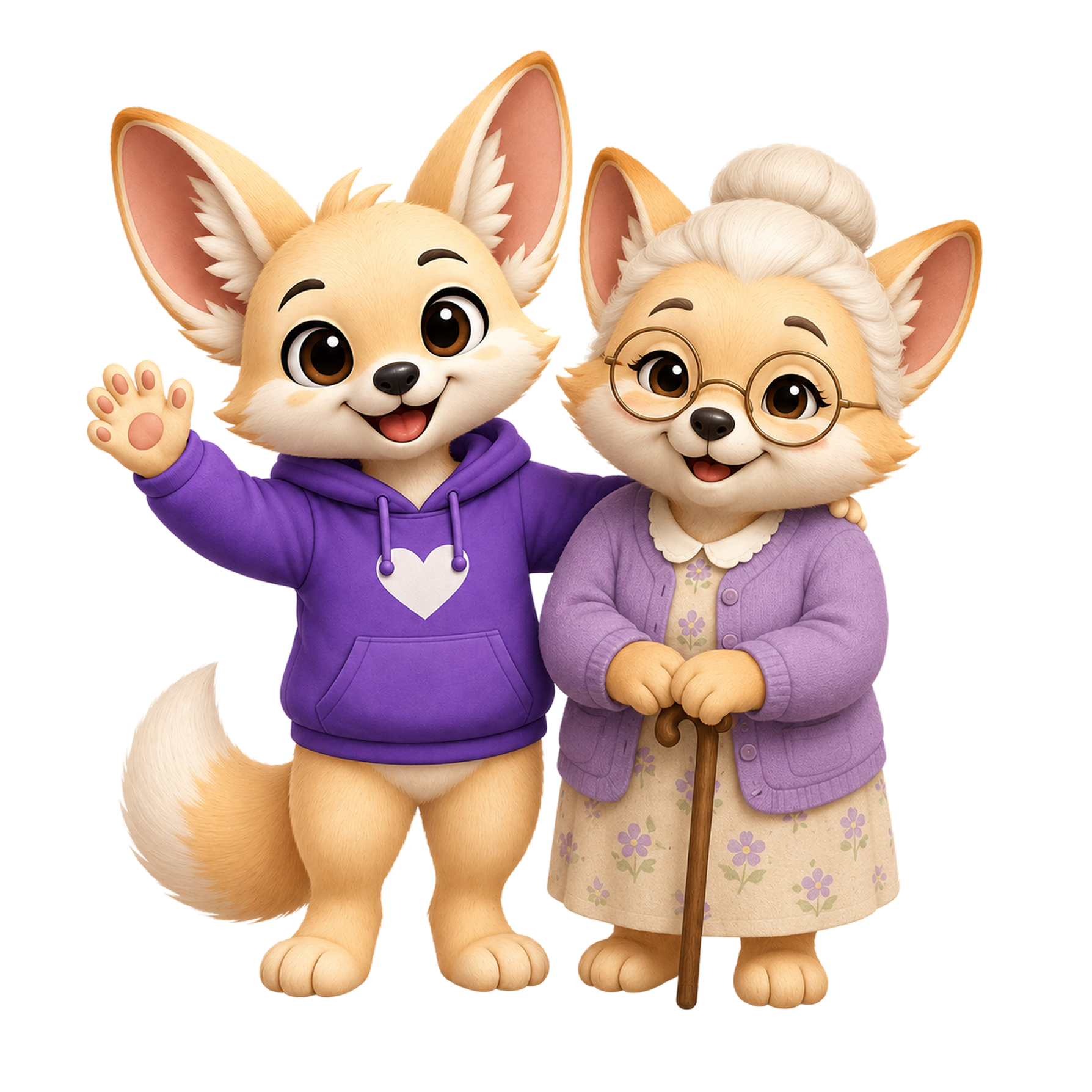 Flora the fox with an elderly fox representing family care