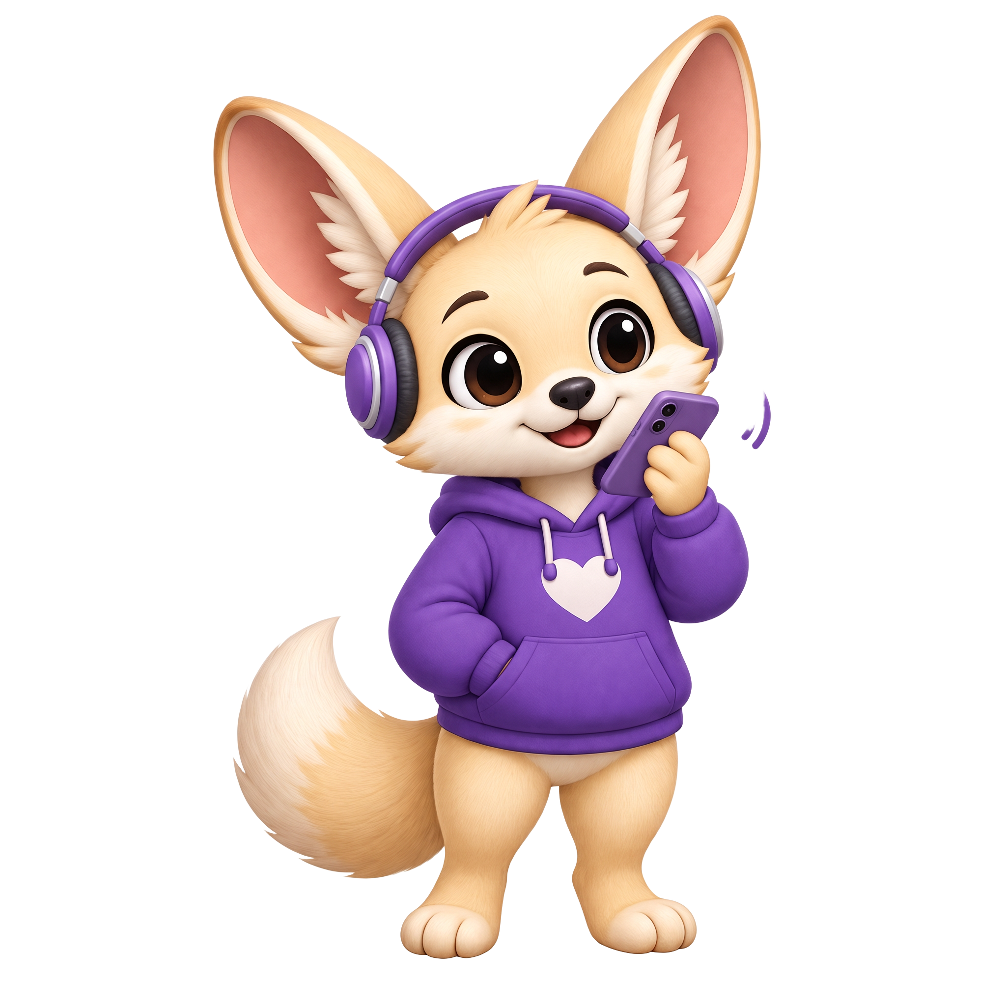 Flora the fox wearing headphones and listening